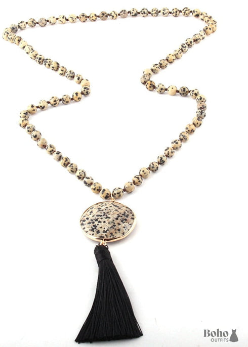 Boho Necklace, RH Amazonite Jasper, Circle Tassel Green White Natural Stone